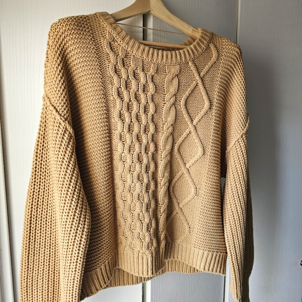 Free People Dream Cable Knit Crew Sweater Classic Camel Size M Oversized Cotton
